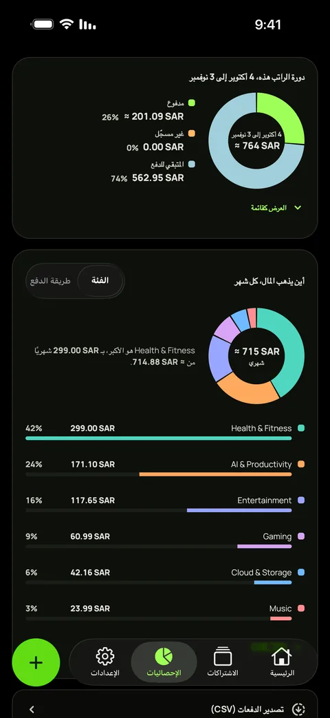 الإنفاق حسب الفئة في الوضع الداكن، وتصدير CSV، على iPhone