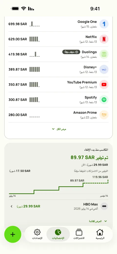 كم كلّفت كل خدمة حتى الآن، والمكاسب، على iPhone