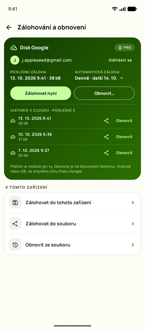 Zálohování a obnovení s plánem a třemi posledními zálohami, Android
