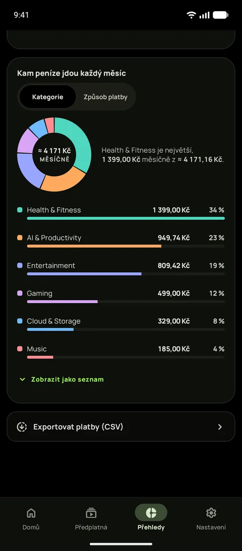 Výdaje podle kategorie v tmavém režimu, a export CSV, Android