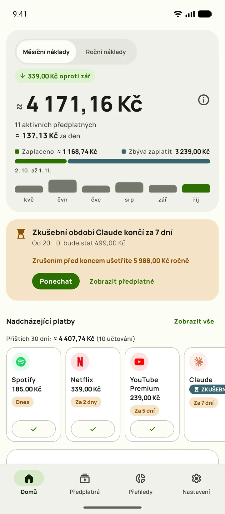 Obrazovka Domů v Subby s měsíčním součtem, denním nákladem, zaplacenou částkou, zbývajícími platbami a nadcházejícími platbami, Android