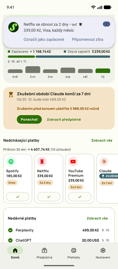 Připomenutí s částkou, kartou a obdobím, a Označit jako zaplacené, Android