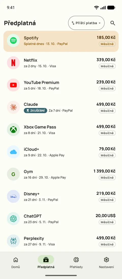 Předplatná seřazená podle příští platby, s cenou, obdobím a kartou, Android