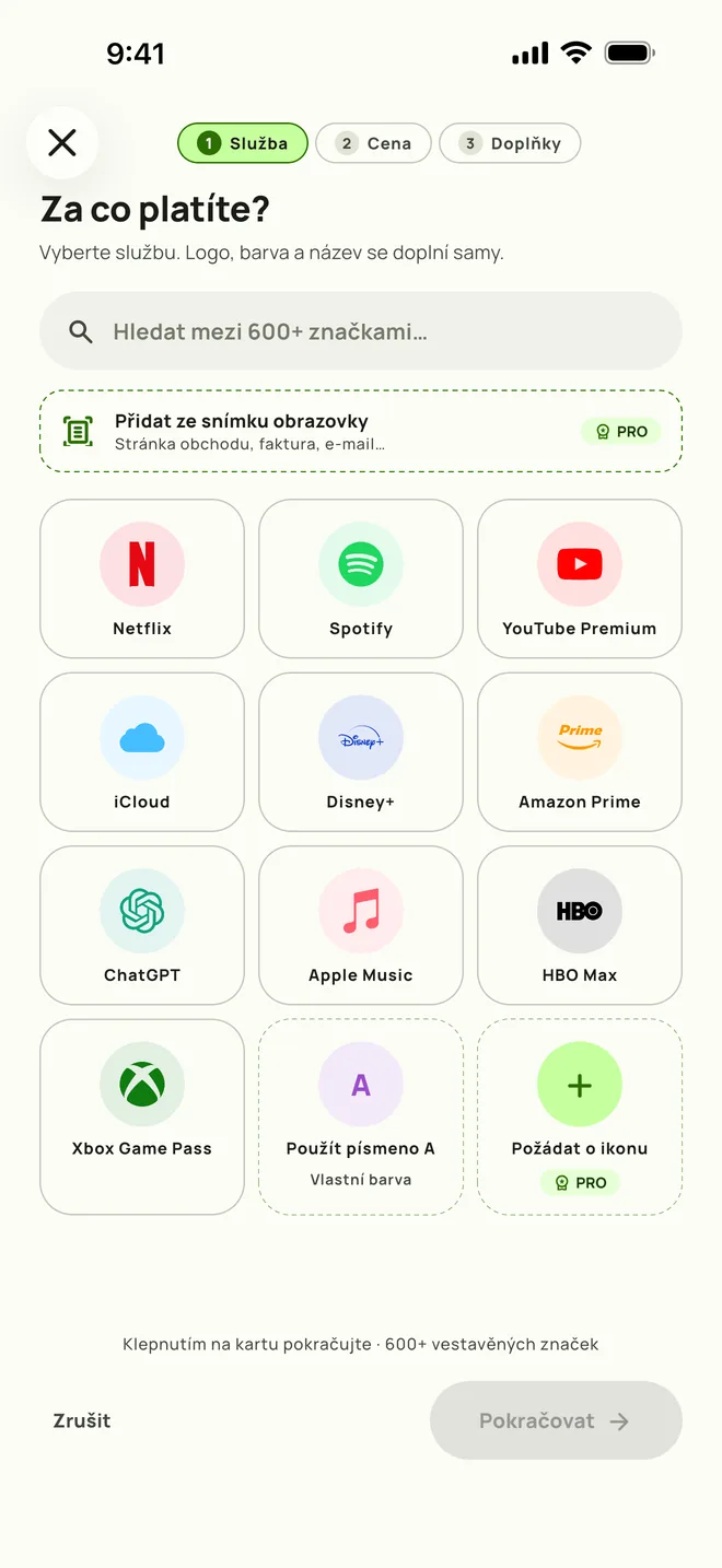 Přidání předplatného v Subby, první krok: výběr služby, iPhone