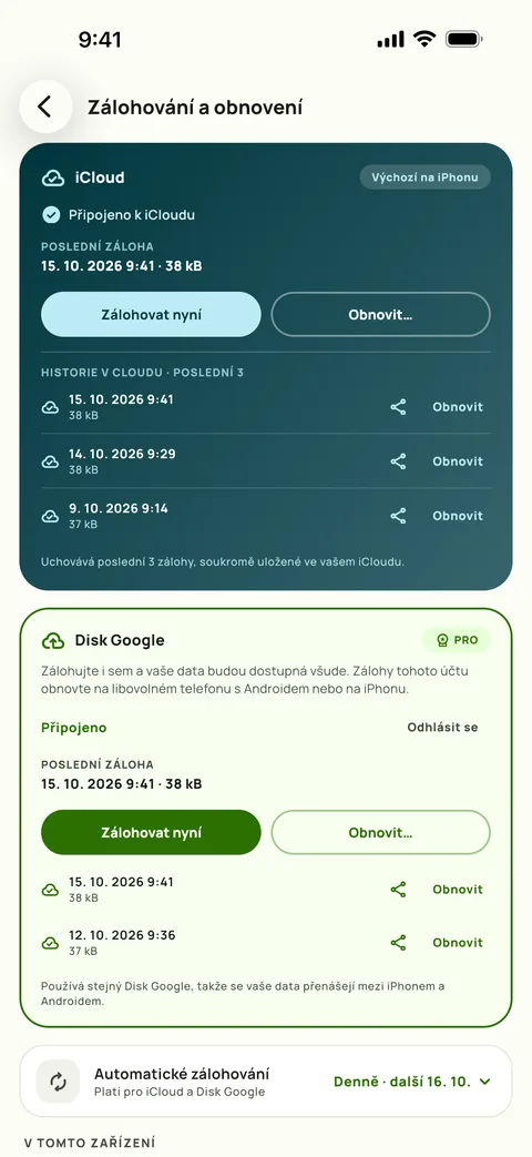 Zálohování a obnovení s plánem a třemi posledními zálohami, iPhone