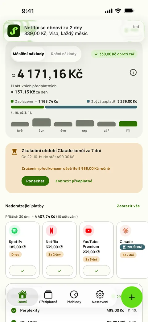 Připomenutí s částkou, kartou a obdobím, a Označit jako zaplacené, iPhone