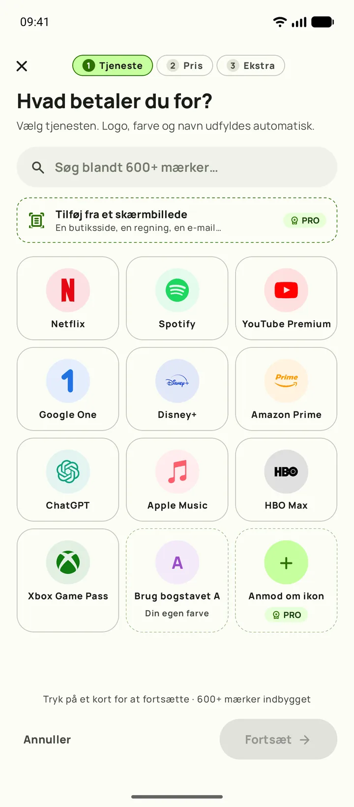Tilføjelse af et abonnement i Subby. Trin ét, vælg tjenesten, på Android