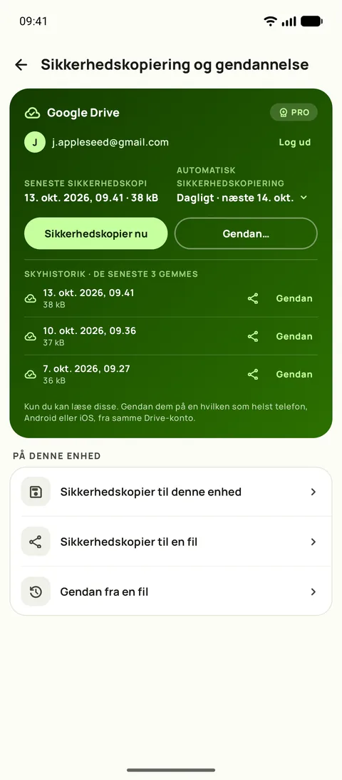 Sikkerhedskopiering og gendannelse i Subby på Android med Google Drive tilsluttet, automatisk sikkerhedskopiering sat til dagligt og de sidste tre sikkerhedskopier gemt