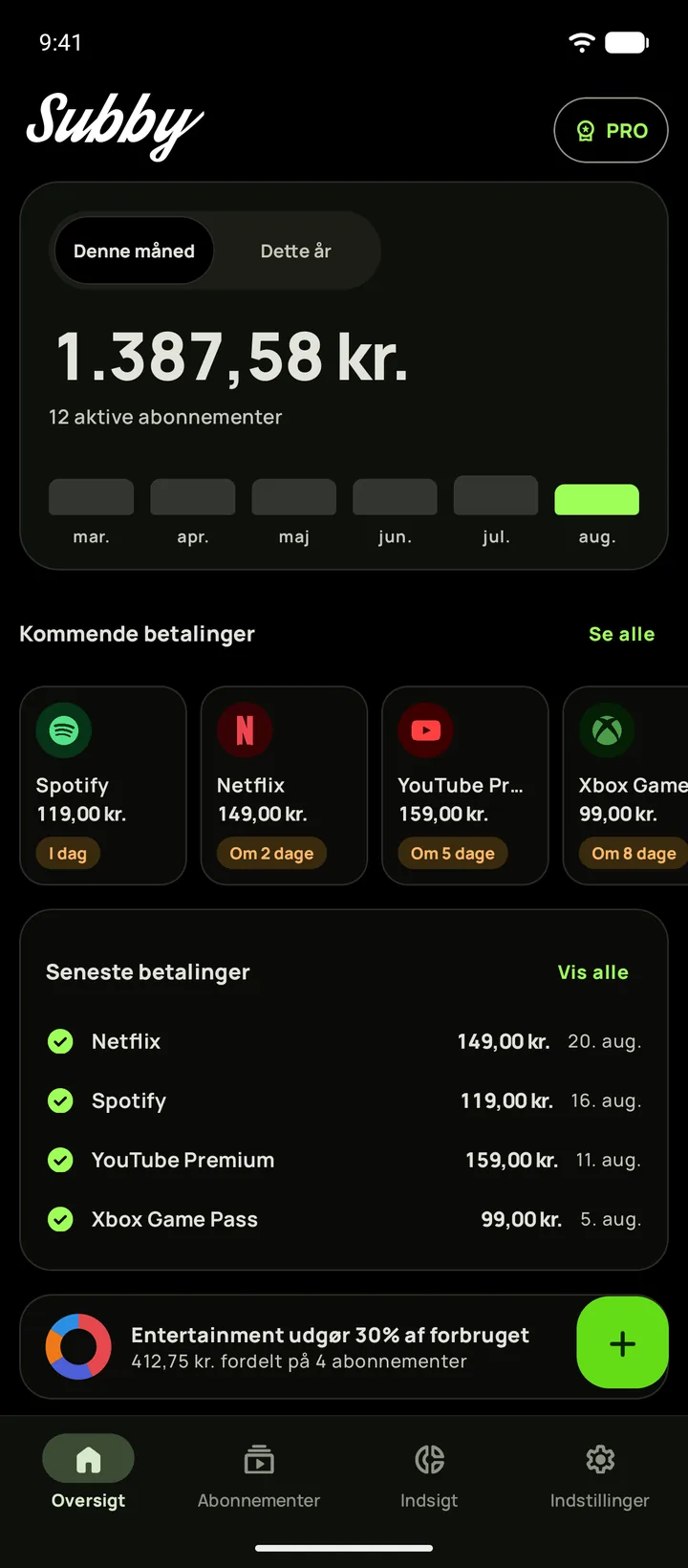 Subby-startskærm i ægte sort mørkt tema