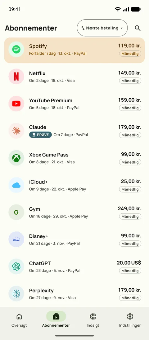 Fanen Abonnementer i Subby på Android, sorteret efter næste betaling: Spotify forfalder i dag, så Netflix, YouTube Premium og en prøveperiode, hver med pris og cyklus