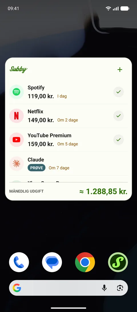 Subby-widgetten på en Android-startskærm med Spotify, Netflix og YouTube Premium, hver med flueben, en prøveperiode mærket PRØVE og en månedlig udgift på 165,35