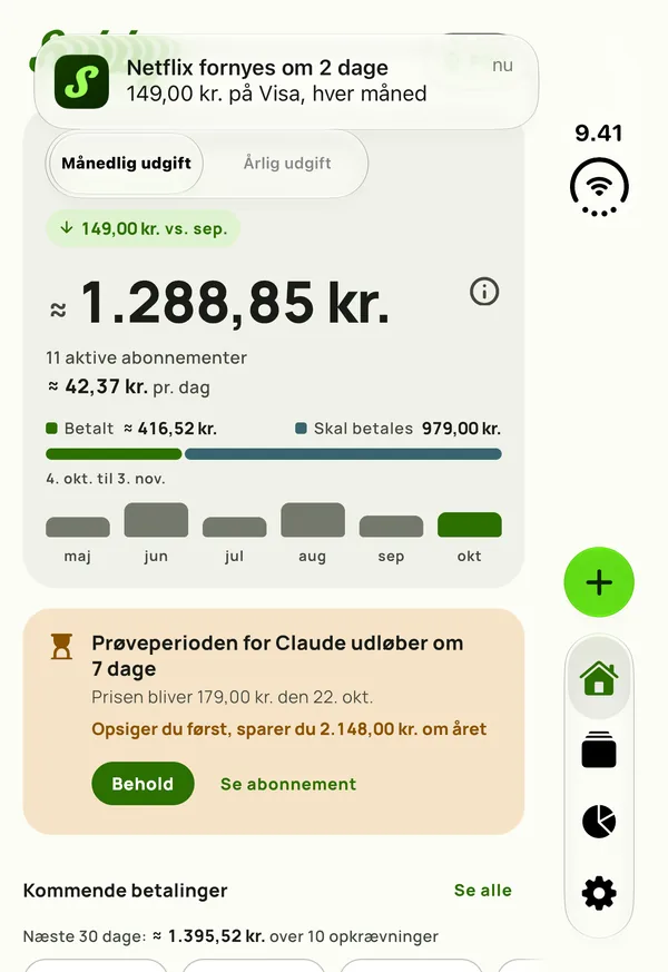 Et praj fra Subby på det ydre panel af en lukket iPhone Duo: Netflix fornyes om 2 dage, 15,49 på Visa, hver måned