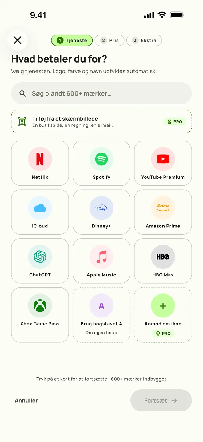 Tilføjelse af et abonnement i Subby. Trin ét, vælg tjenesten, på iPhone