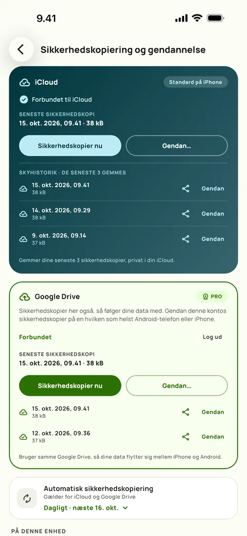 Sikkerhedskopiering og gendannelse, med tidsplanen og de tre seneste sikkerhedskopier, på iPhone