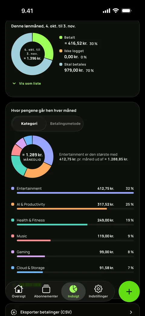 Udgifter efter kategori i mørkt tema og CSV-eksporten, på iPhone