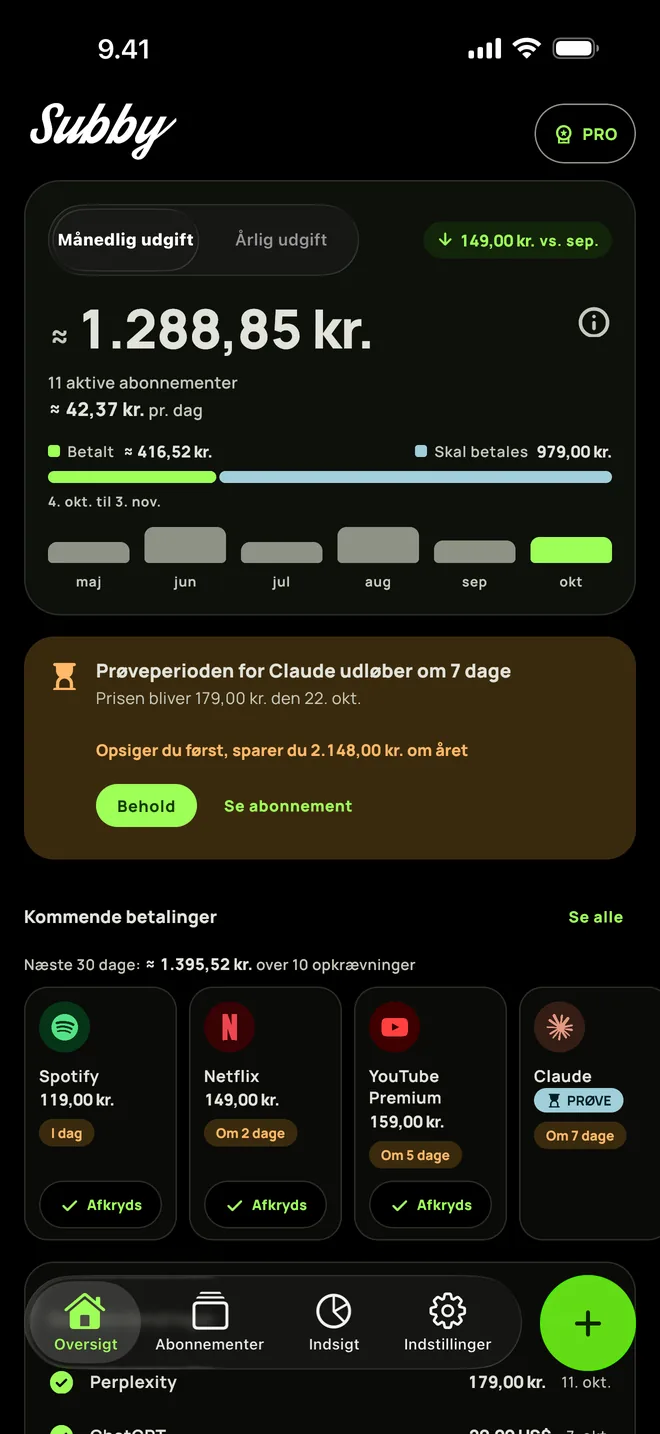 Subbys Oversigt i det helsorte tema med månedens udgift, et kort for en prøveperiode, der slutter om syv dage, og de næste betalinger, på iPhone