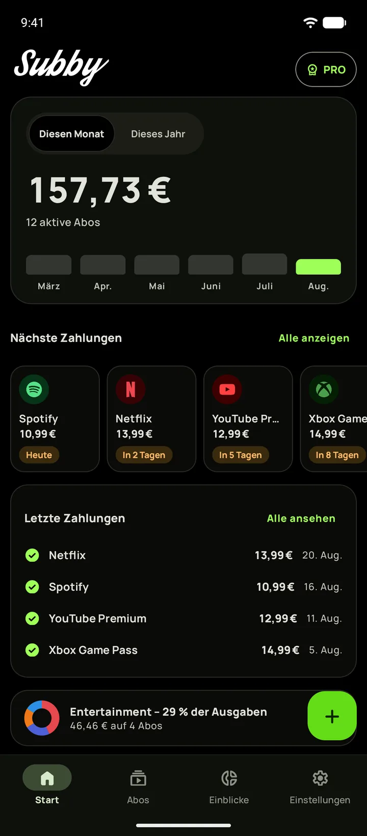 Subby-Startbildschirm im tiefschwarzen Dark Mode