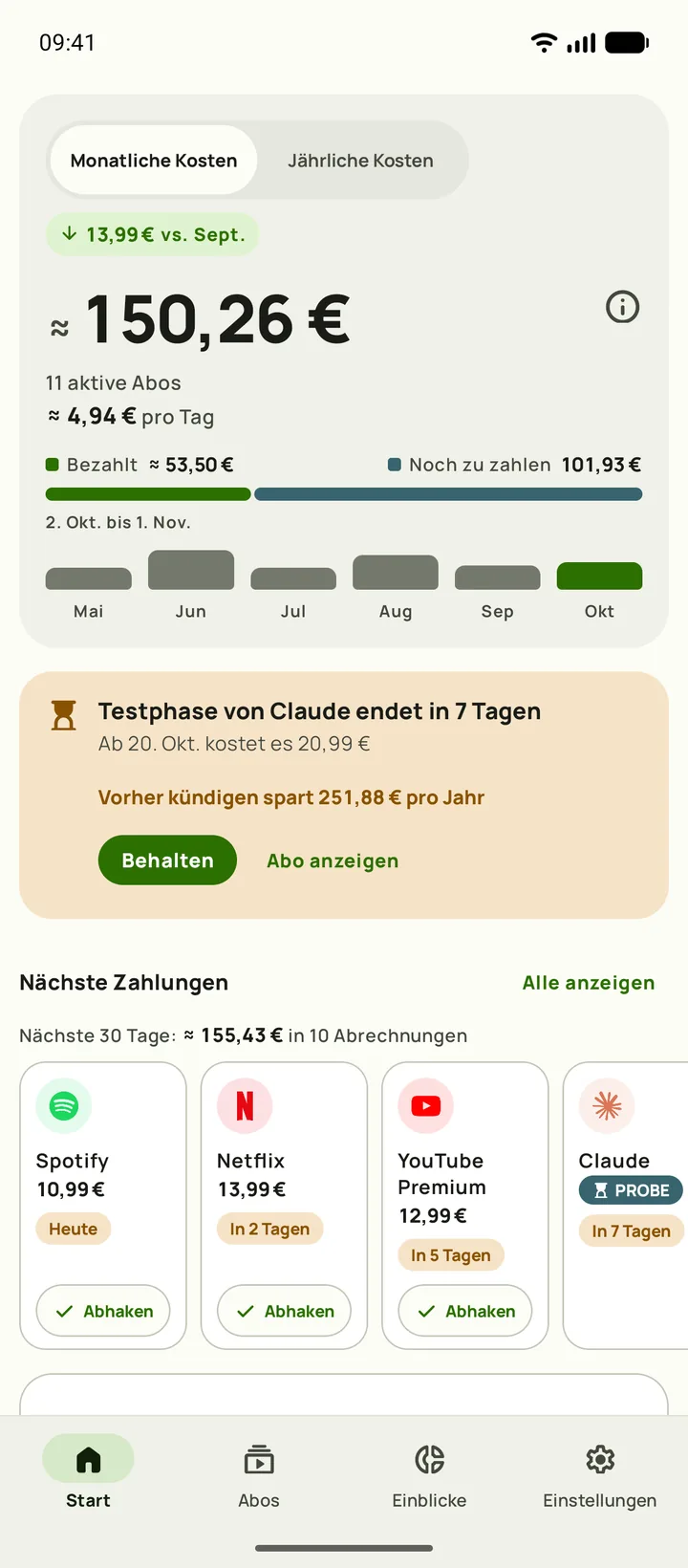 Subby Start auf Android: Summe dieses Monats 165,35, 5,44 pro Tag, bezahlt und noch zu zahlen, eine Karte für eine Testphase und die nächsten Zahlungen