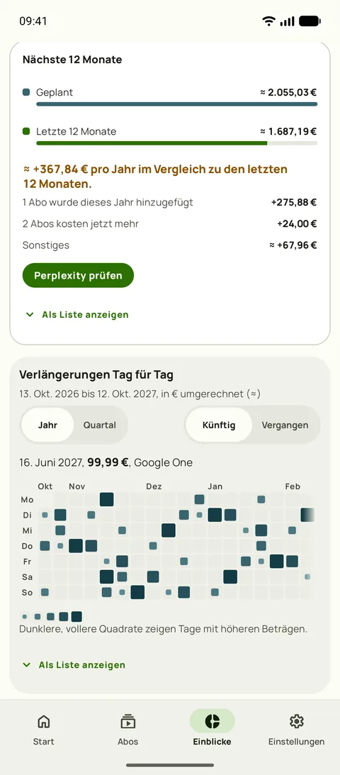 Nächste 12 Monate in Subby Einblicke: das geplante Jahr im Vergleich zu den letzten 12 Monaten, mit den neu hinzugekommenen Abos und den Preiserhöhungen, die den Unterschied erklären, über dem Kalender der Verlängerungen, auf Android