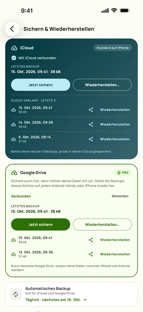 Der Bildschirm Sichern & Wiederherstellen in Subby mit automatischem Backup auf täglich und den letzten drei Sicherungen, auf iPhone