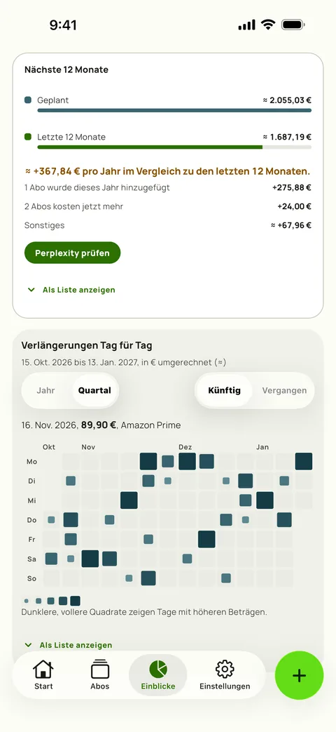Der Verlängerungskalender in Subby Einblicke: ein Quartal künftiger Tage, an dem größere, dunklere Quadrate die teureren Tage markieren, ein Tag ist ausgewählt und zeigt seine Verlängerung, auf iPhone