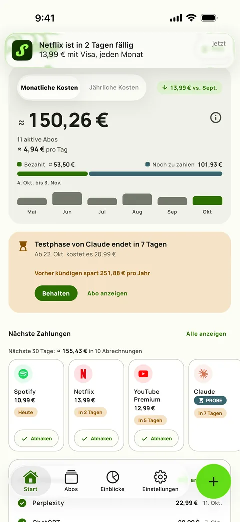 Eine Erinnerung mit Betrag, Karte und Zyklus, und Als bezahlt markieren, auf iPhone