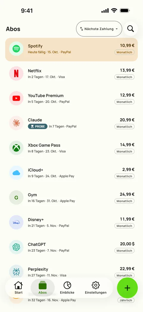 Abos nach nächster Zahlung sortiert, mit Preis, Zyklus und Karte, auf iPhone