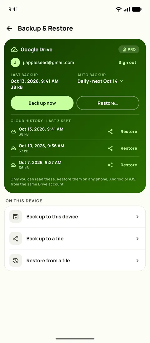 Backup and restore, with the schedule and the last three backups, on Android