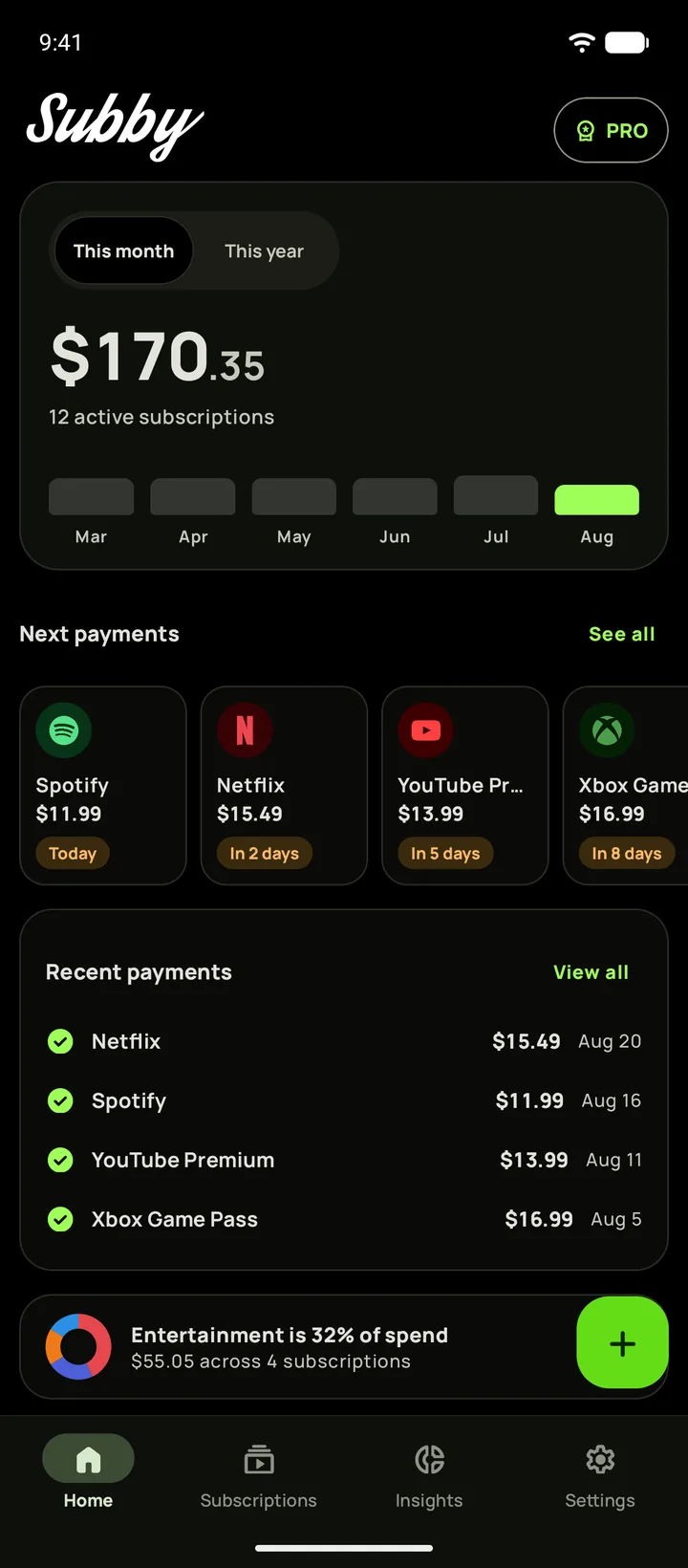 Subby home screen in true-black dark mode