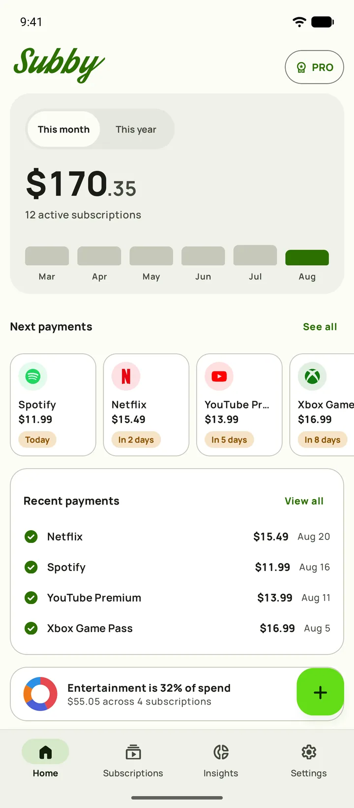 Subby Home with the monthly total, cost per day, paid, left to pay and next payments, on Android