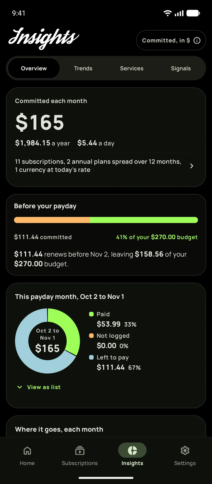 Insights in dark mode with what renews before payday, on Android