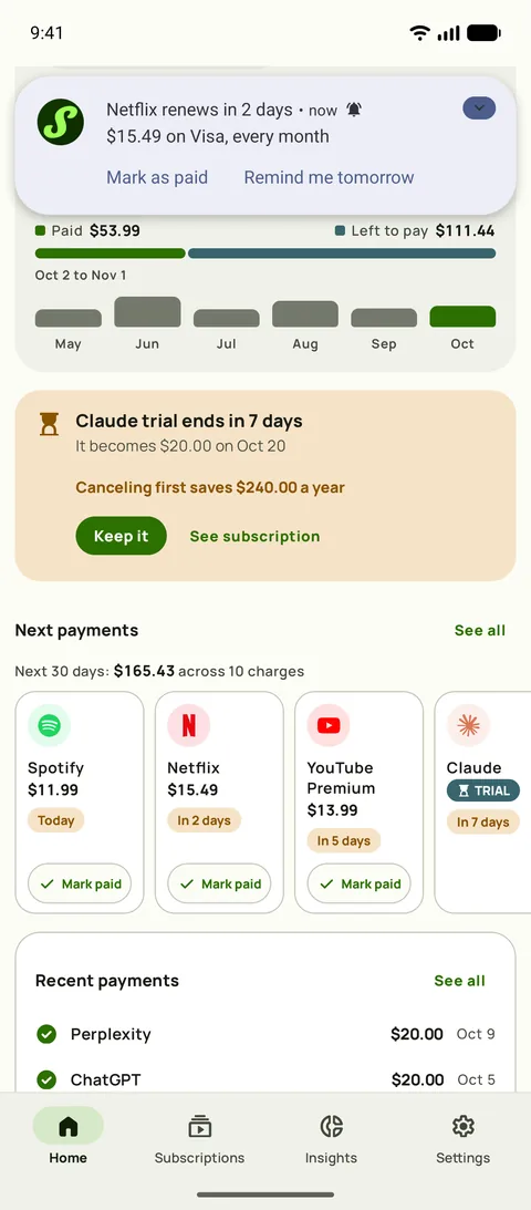 A reminder with the amount, card and cycle, and Mark as paid, on Android