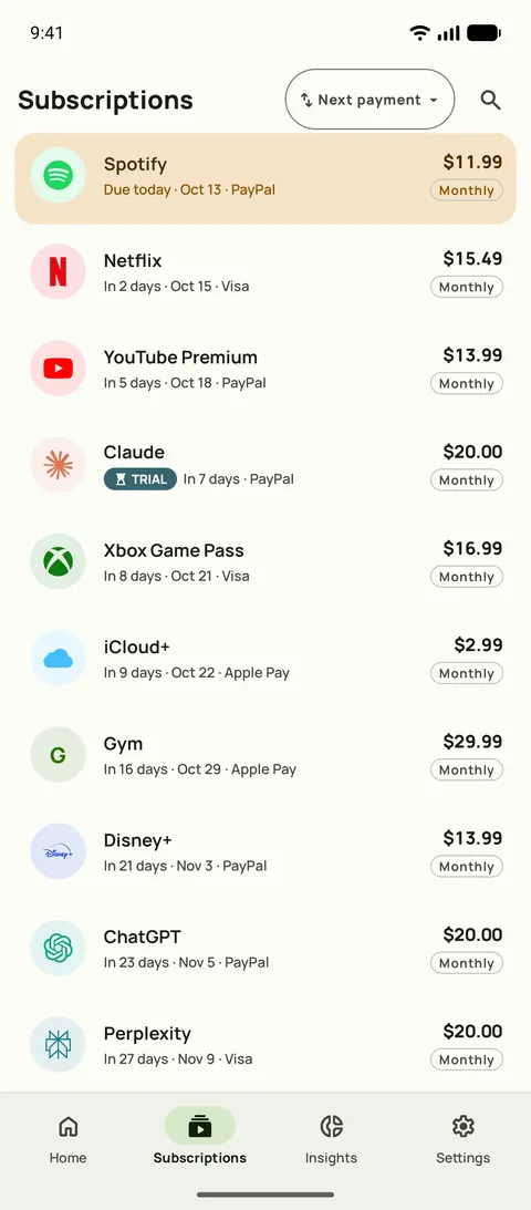 Subscriptions sorted by next payment, with price, cycle and card, on Android