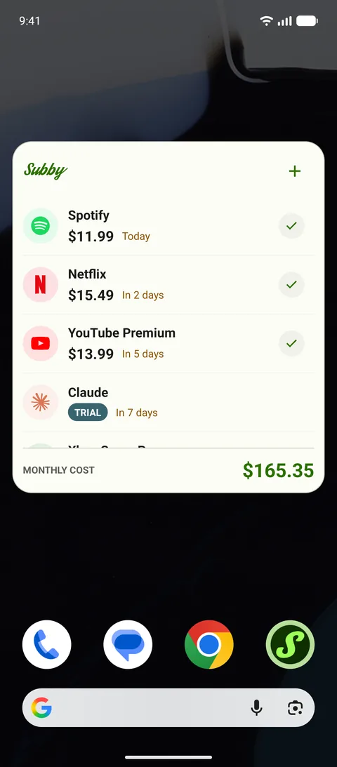 The home screen widget with the next payments, on Android