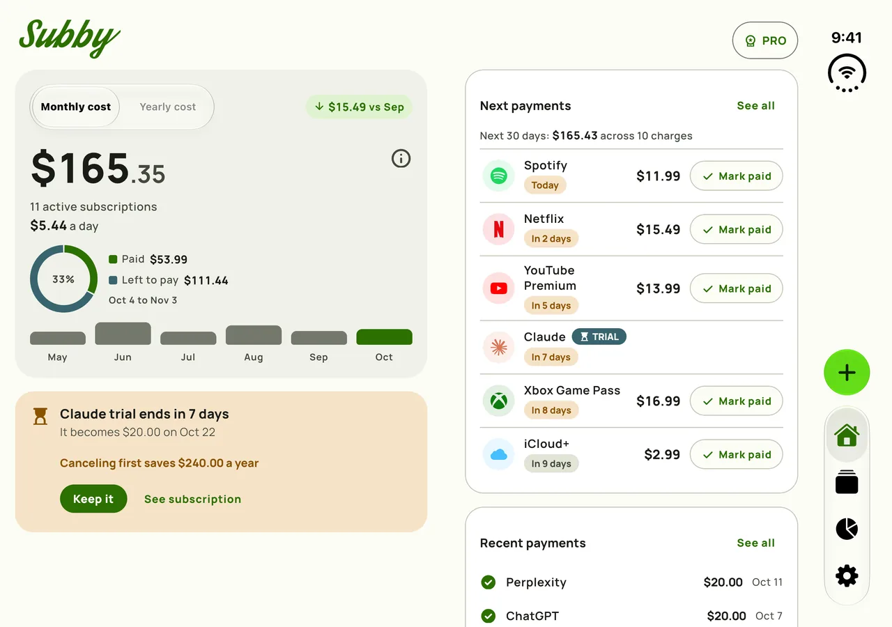 Subby Home on an open iPhone Duo, the total on one panel and payments on the other