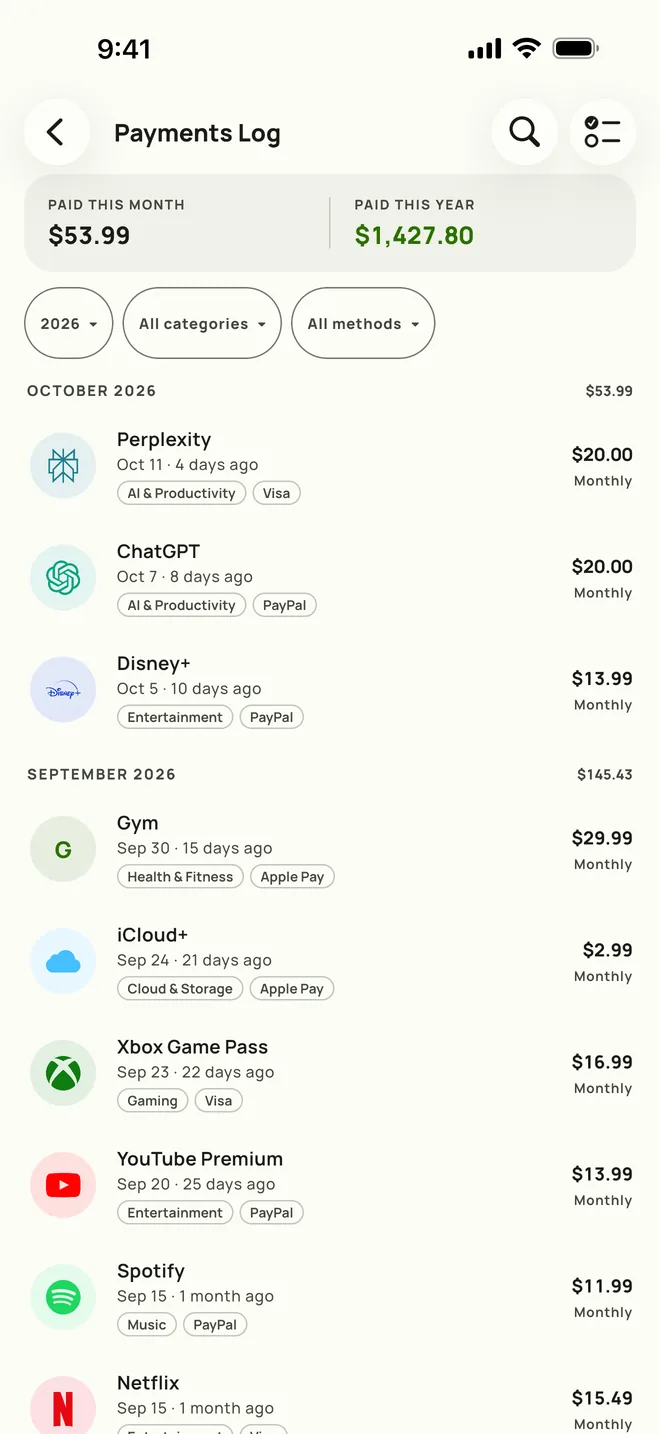 Subby payments log, full history with monthly totals, on iPhone