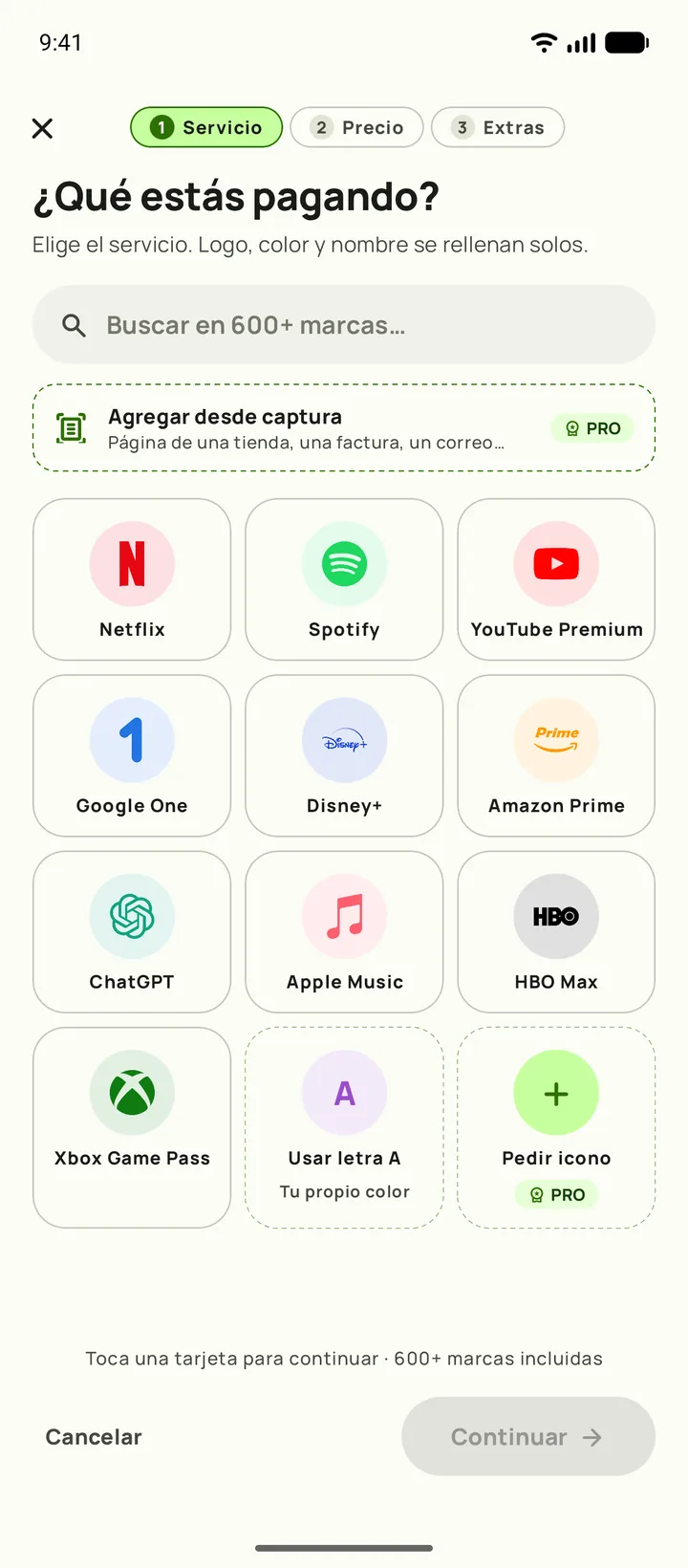 Agregar una suscripción en Subby. Paso uno, elegir el servicio, en Android