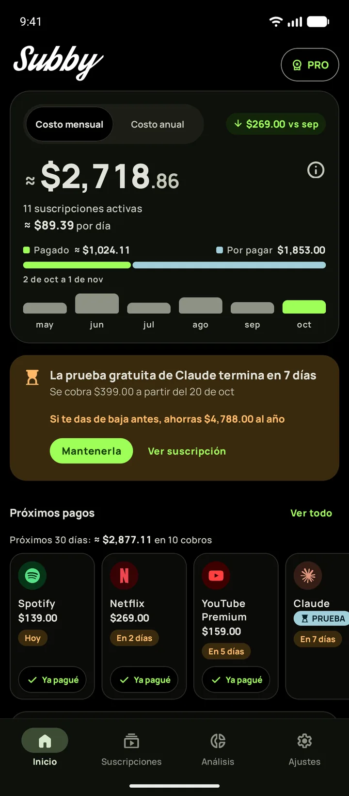 Inicio de Subby en Android en el tema negro puro, con el total de este mes de $165.35, una tarjeta de prueba y los próximos pagos