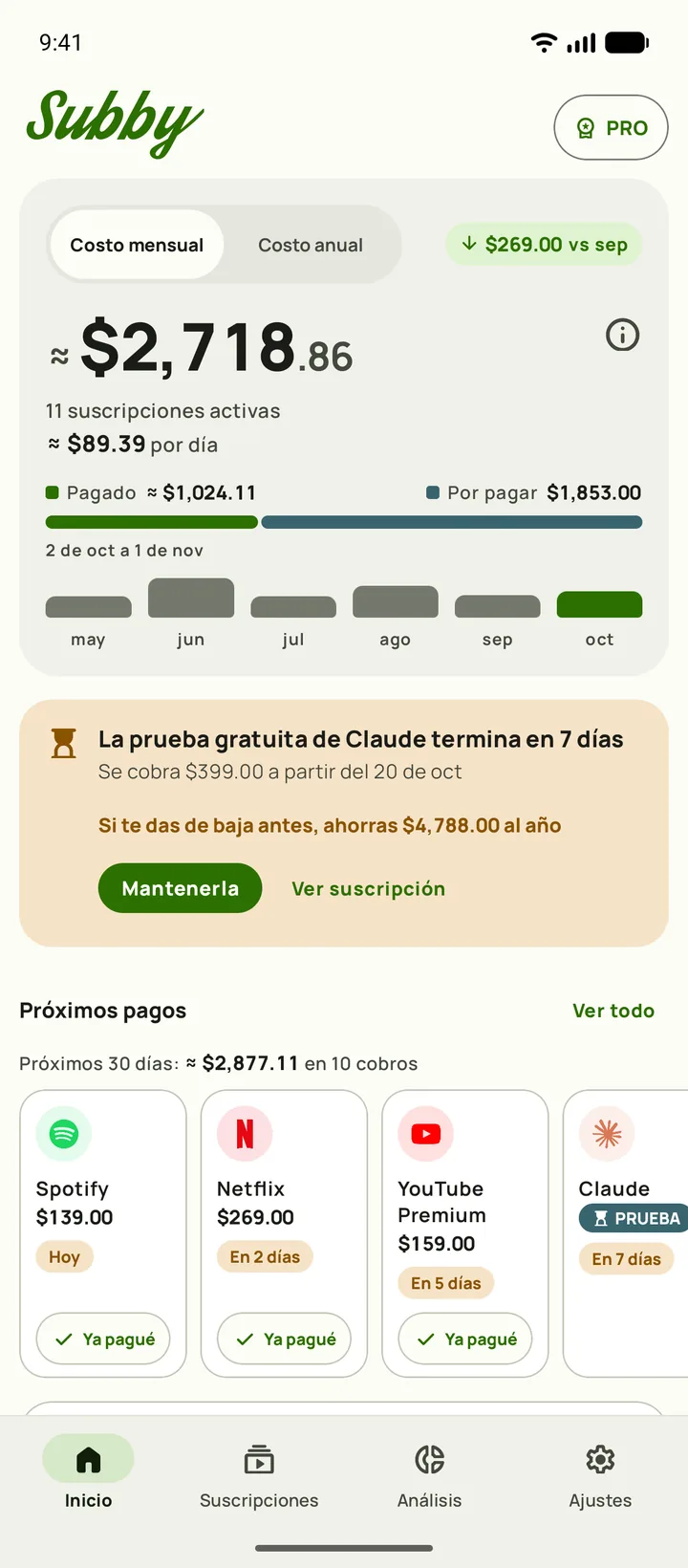 Inicio de Subby en Android, con el total de este mes de $165.35, $5.44 al día, lo pagado y lo que falta por pagar, una tarjeta de prueba y los próximos pagos