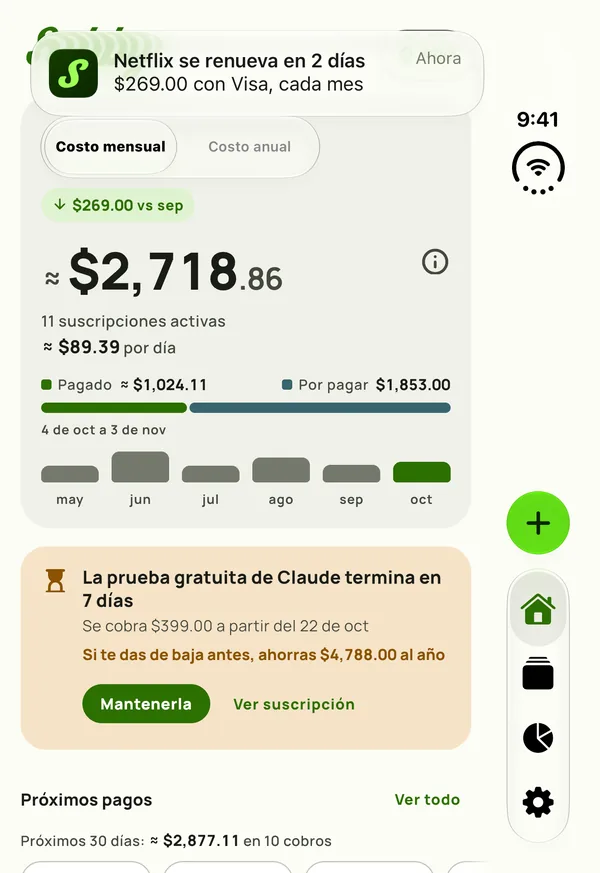 Un recordatorio de Subby en el panel exterior del iPhone Duo cerrado: Netflix se renueva en 2 días, $15.49 en Visa, cada mes