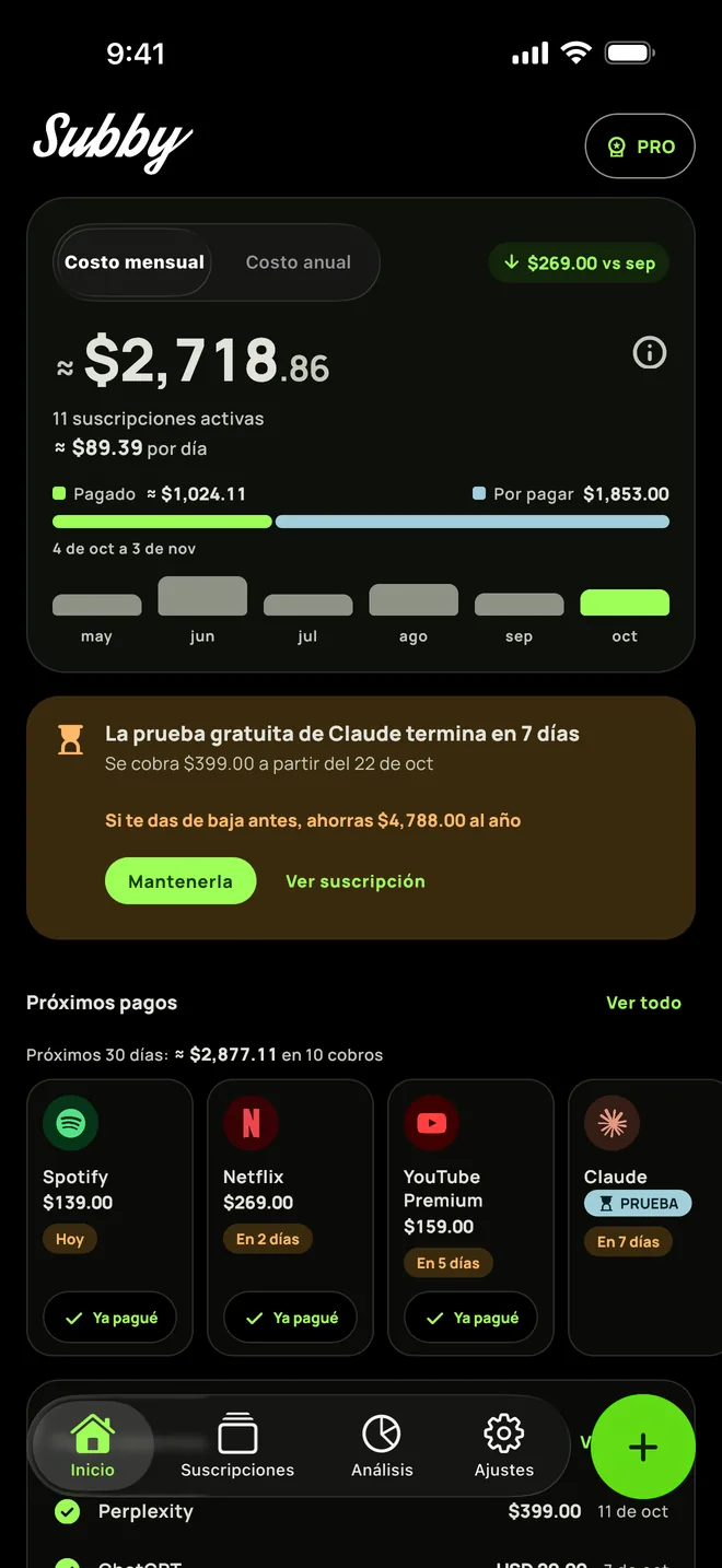 Inicio de Subby en el tema negro puro, con el costo mensual, una tarjeta de una prueba que termina en siete días y los próximos pagos, en iPhone