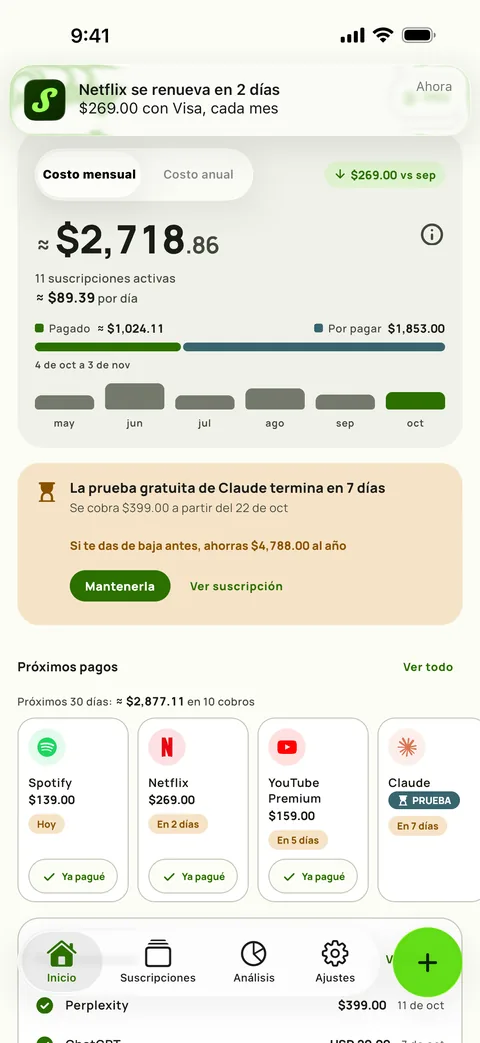 Un recordatorio de Subby que nombra el servicio, el monto, la tarjeta y el ciclo, con Marcar como pagado en la notificación, en iPhone