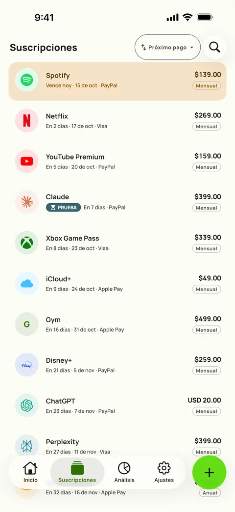 Suscripciones ordenadas por próximo pago, con precio, ciclo y tarjeta, en iPhone