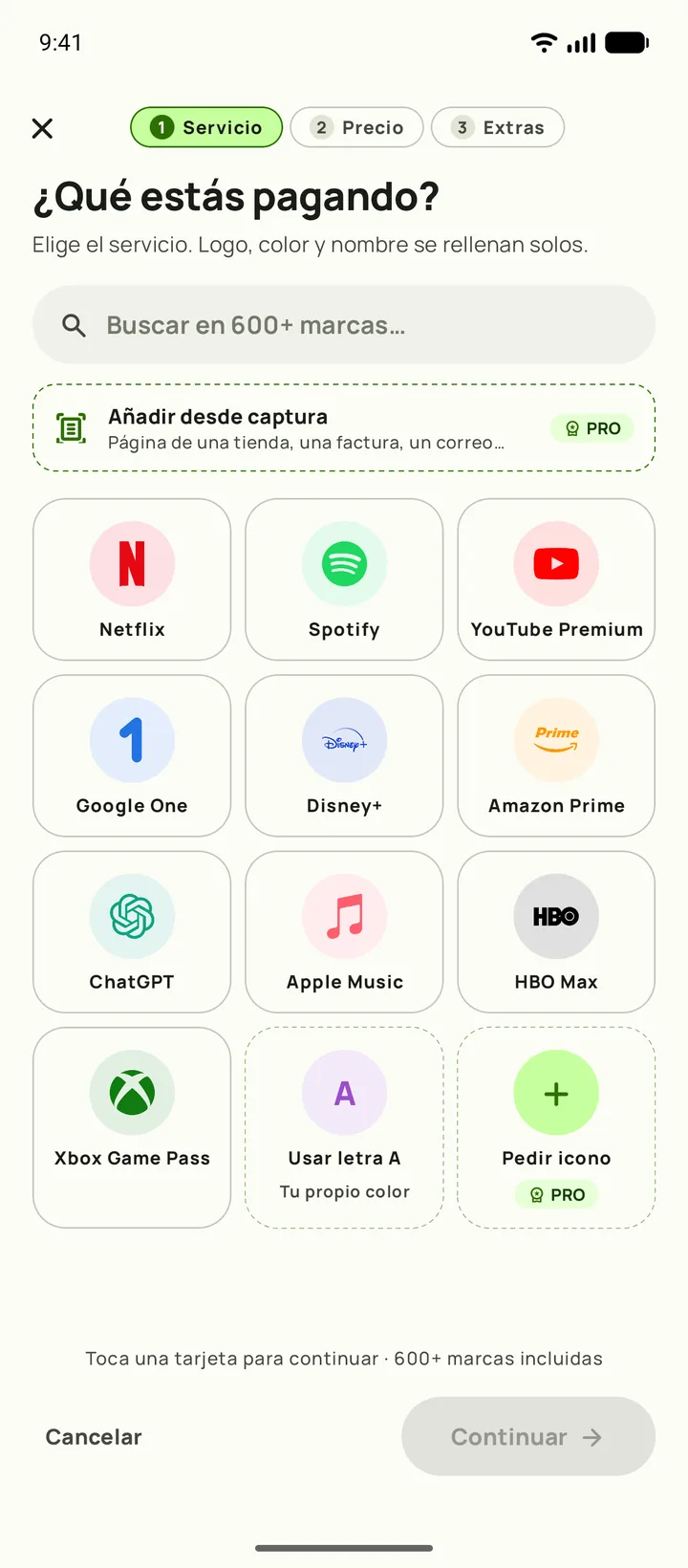 Añadiendo una suscripción en Subby. Primer paso, elegir el servicio, en Android
