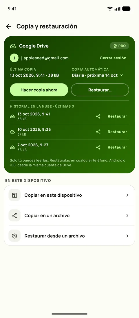 Copia y restauración en Subby para Android, con Google Drive conectado, la copia automática en diaria y las tres últimas copias conservadas