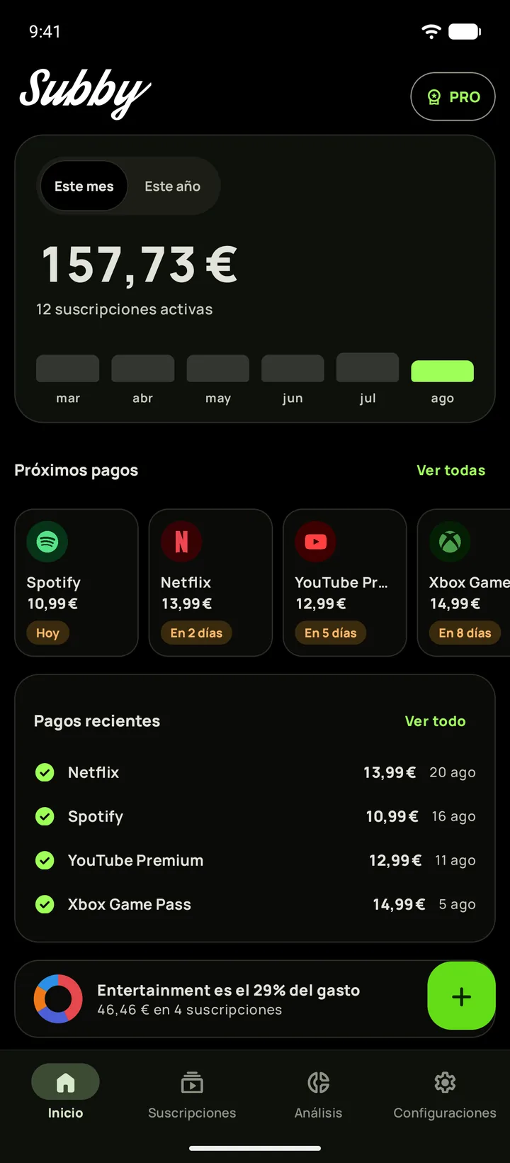 Pantalla de inicio de Subby en modo oscuro negro puro
