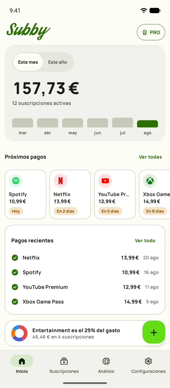 Inicio de Subby en Android, con el total de este mes en 165,35 €, 5,44 € al día, lo pagado frente a lo que queda por pagar, una tarjeta de prueba y los próximos pagos