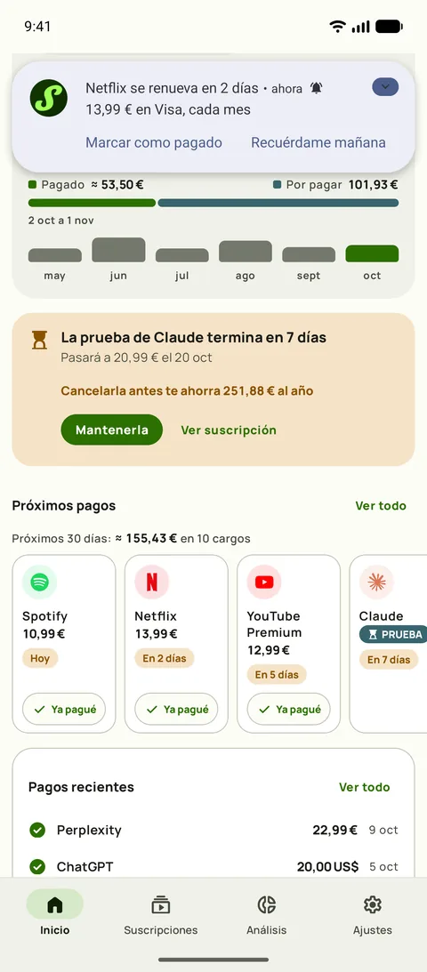 Un recordatorio de Subby en Android que dice Netflix se renueva en 2 días, 15,49 € con Visa, cada mes, con Marcar como pagado y Recordarme mañana