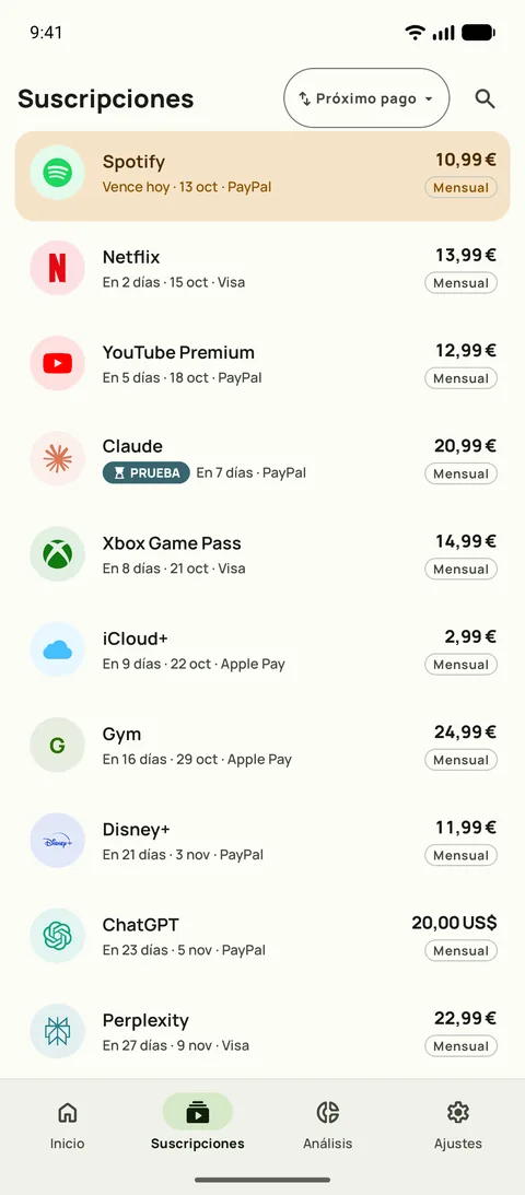 La pestaña Suscripciones de Subby en Android, ordenada por próximo pago: Spotify vence hoy, luego Netflix, YouTube Premium y una prueba gratis, cada una con su precio y su ciclo
