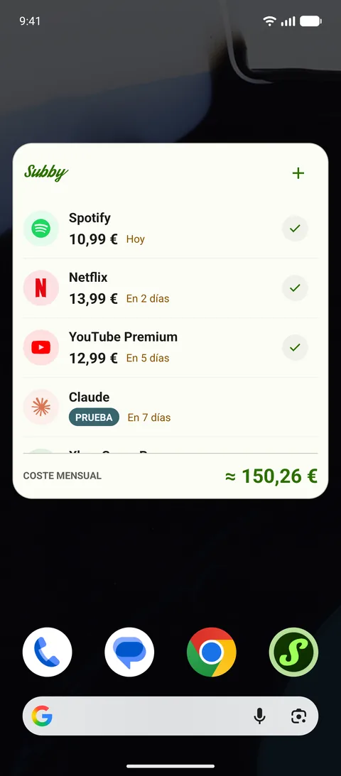 El widget de Subby en la pantalla de inicio de Android, con Spotify, Netflix y YouTube Premium, cada uno con su marca, una prueba etiquetada PRUEBA y un coste mensual de 165,35 €